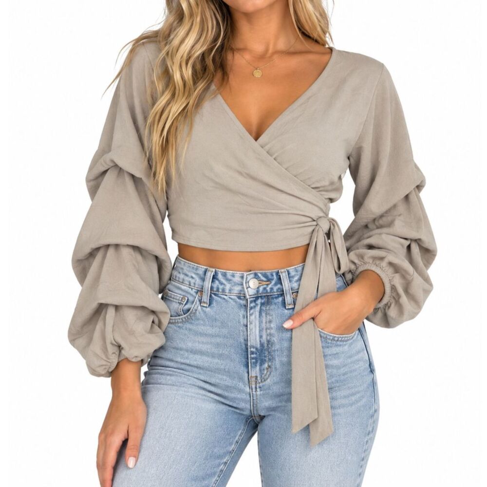 Boohoo Taupe Wrap Crop Top Balloon Sleeves Tie Waist | US 8